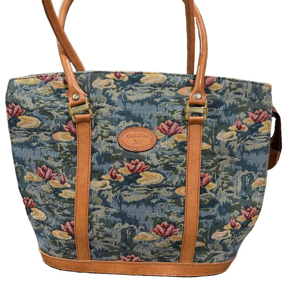Vintage Gobelins Art Tapestry Tote Bag Monet Water Lilies Leather Cottagecore